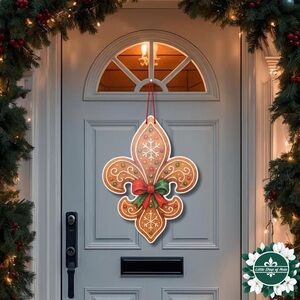 Gingerbread Fleur de Lis Door Hanger New Orleans Christmas Whimsy Decor Sign